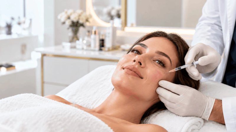 Pacientă relaxată în timpul unui tratament injectabil facial, într-un cabinet de estetică