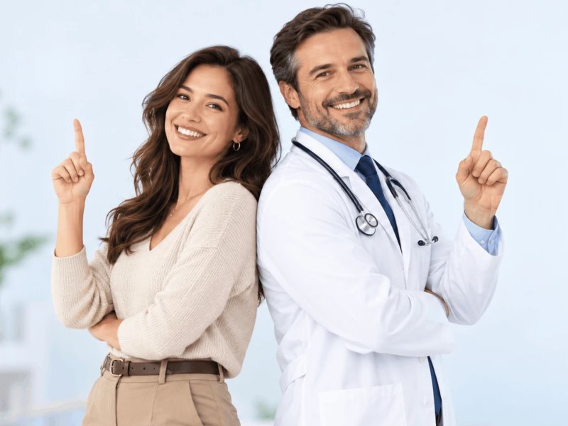 Pacientă și medic zâmbitori, spate în spate, cu degetul arătător ridicat